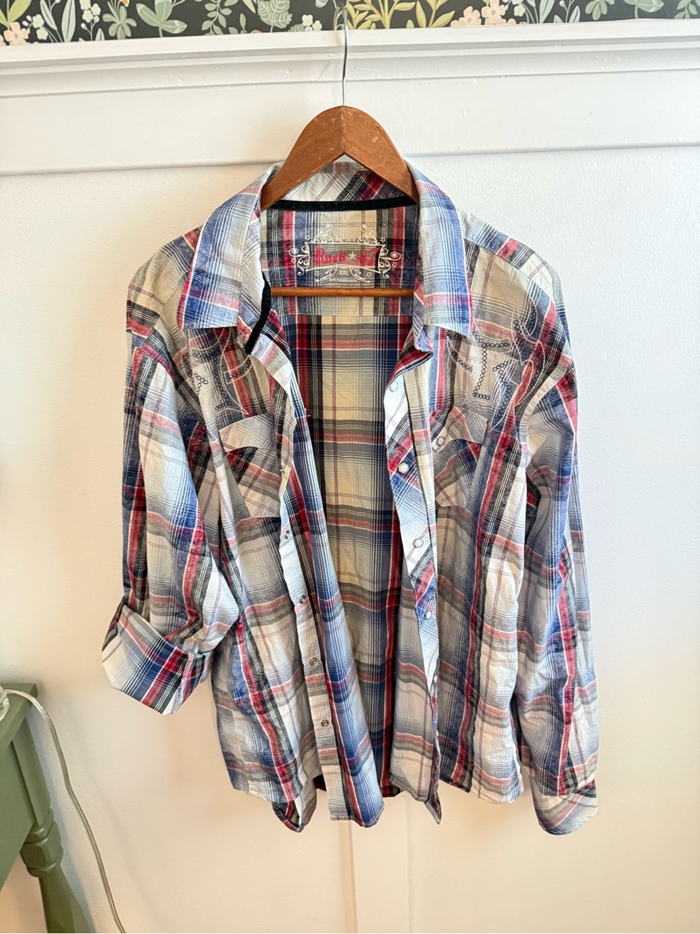 Rock 47 Men's Plaid Button-Up Shirt - Red, Blue & White XXL